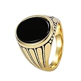 PAURO Hombre Oval Piedra Preciosa Anillo con Negro Piedra Anillo Sello Laterales Grabados Alto Detalle Oro Talla 17