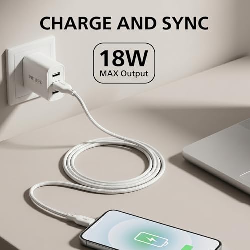 Image of PHILIPS DLC4160AW /94 18W Type-A to Type-C Fast Charging Cable (2m, Bright White) | Nylon Braided | Compatible with iPhone 15+ Series, USB-C iPad Models, Samsung Galaxy & All Type C Devices