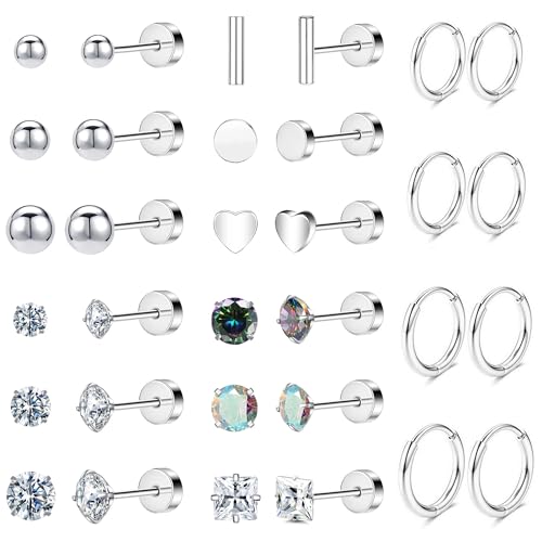 Hypoallergenic Titanium Earrings for Sensitive Ears 14K Gold Plated Opal Ball CZ Heart Flat Back Earrings for Women Men Small Surgical Steel Flatback Stud Hoop Cartilage Earring Set for Multiple Piercing (D-Silver Tone-16Pairs)