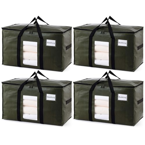 TAILI 4 Pack Green Extra Large Storage Bags, Heavy Duty Totes with Visible Window, Wrap Around Handles, Perfect for Moving