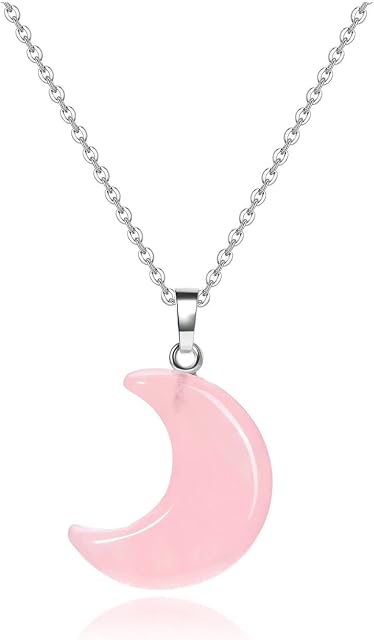 JOVIVI Rose Quartz Crystal Healing Stone Pendant Necklace Cute Crescent Moon Protection Crystal Gemstone Chakra Reiki Amulet Necklace Jewellery Women Mothers Day Mum Gift