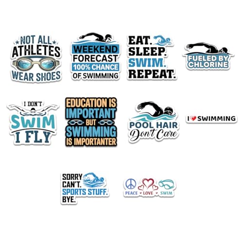 10 Pcs Funny Swimming Stickers – Waterproof Swim Decals with Sayings Like Eat Sleep Swim Repeat” & “Pool Hair Don’t Care for Swimmers, Laptops, Water Bottles (3 inch)