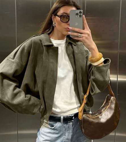 Bnigung Womens Faux Suede Bomber Jacket Casual Lapel Pilot Cropped Coat Oversized Motorcycle Jackets 2025 Outerwear, Green, M - Image 7