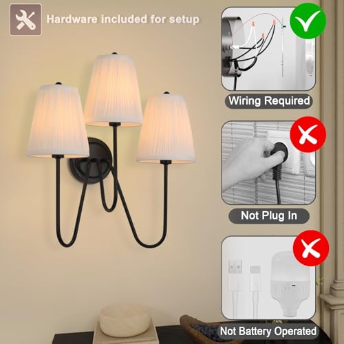 Electro bp; Elegant Triple Sconce Black Curved Metal Arm with Warm White Pleated Fabric Lamp Shades Brocade Cover Wall Light Fixture,E12,3 Sockets,120W,Hardwired; by Electro bp - Image 8