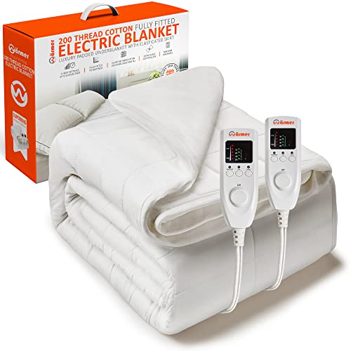 Wärmer Cotton Luxury Padded Electric Heated Blanket - Fully Fitted, Dual Controller, Machine Washable, Detachable Controller - Super King 182cm x 203cm
