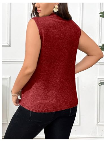 Image of OYOANGLE Women's Plus Size Mock Neck Wrap Hem Sweater Vest Sleeveless Split Asymmetrical Hem Pullover Tops Burgundy X-Large Plus