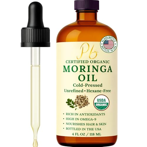 Pomberries Organic Moringa Oil – USDA Certified 100% Pure, Cold-Pressed & Unrefined – Moringa Seed Oil for Face, Skin, Hair & Body – Hydrating, Anti-Aging Moisturizer – 4 fl oz Amber Glass Bottle