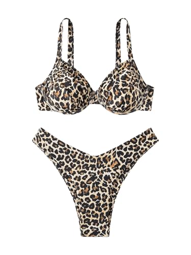SweatyRocks Women's High Cut Leopard Bikini Set Underwire Push Up 2 Piece Bathing Suit