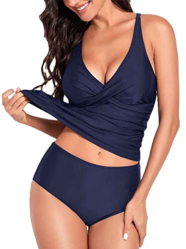 Yutdeng Tankinis Mujer Reductor Vientre Plano Traje de Baño Dos Piezas Push Up Relleno Bañador Sexy de Cuello V Crossover Biquini Talla Grandes Braga de Bikini Cintura Alta