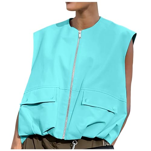 Damen-Westen Sommer Cargo Weste Leichte Sommerwesten Y2k Vingtage Vest Ärmellos Cropped Jacke Mit Taschen und Reißverschluss Herbst Übergangsjacke Outdoor Softshell Damenwesten Jeansweste Übergroße