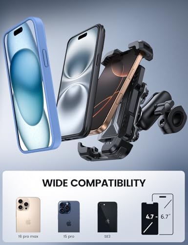 Lamicall Motorcycle Phone Mount Holder - [Dual Vibration Dampener] [720° Adjustment Arm] Motorcycle Cell Phone Holder, Bike Handlebar Phone Mount for iPhone 17 Pro/Air/16/15/14 Pro Max, 4.7-6.7" Phone - 4