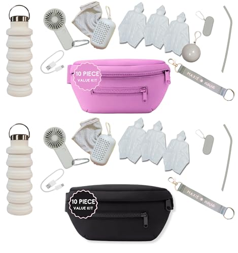 Maxie & Nova 20 Pcs Theme Park Essentials Kit (Two Each: Fanny Pack, USB Fan, Collapsable Water Bottle, Cooling Towel, Silicone Straw, 3 Disposable Rain Ponchos & Case, 1 Black & 1 Pink