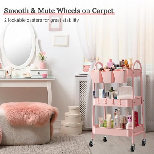 danpinera 3-Tier Rolling Cart, Metal Rolling Storage Cart with Lockable Wheels & Hanging Cups & Hooks, Mobile Trolley Cart for Kitchen, Bathroom, Office, Workshop, Pink