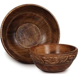 ETROVES Wooden Fruit Bowl Wood for Kitchen Counter Bowl Set for Food/Fruit/Salad – Carved Wood Bowls for Decor – Medium and Small Set of 2, Brown