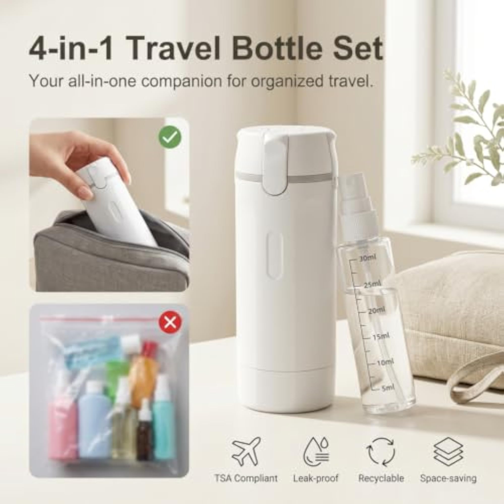 4 in 1 Travel Dispenser Bottle Set, Leakproof Toiletry Organizer