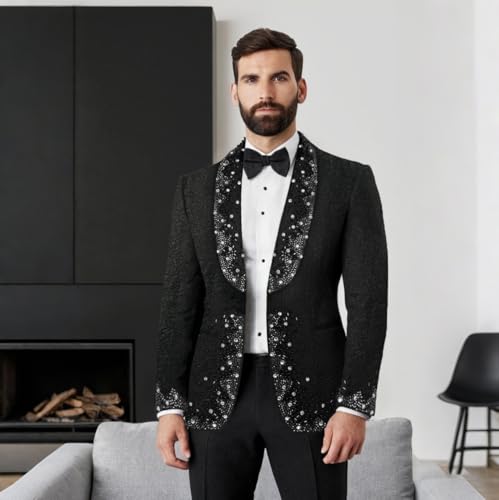 Men's Rhinestone Blazer, Handmade, Single Breasted, Slim Fit, Black Dinner Jacket2