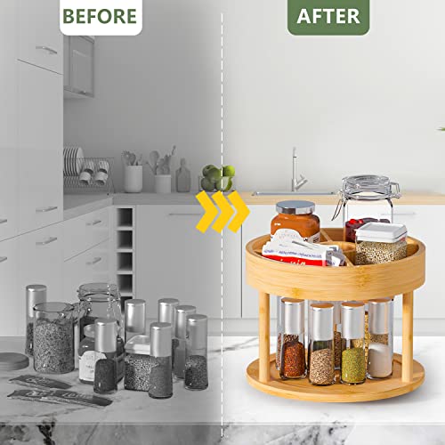 2 Tier Lazy Susan Spice Organizer - Bamboo Wooden Two Tier Lazy Susan Turntable With 4 Diy Partition Board 9.8 Inch For Cabinet #TOP3