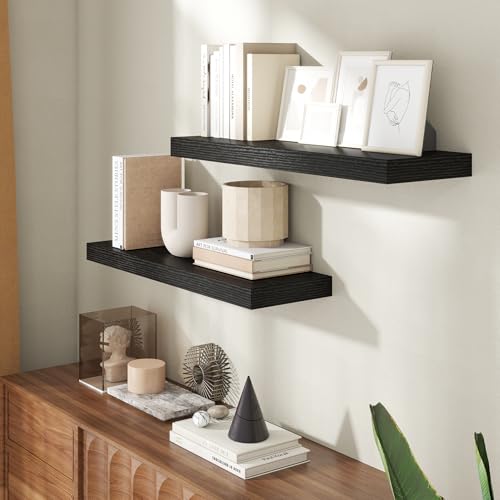 Image of 30 Inch Floating Shelves for Wall, 8 Inch Deep Floating Shelf for Storage & Display, Rustic Wall Mounted Shelf with Invisible Brackets for Living Room, Kitchen, Bathroom, Home Decor, Set of 2, Black