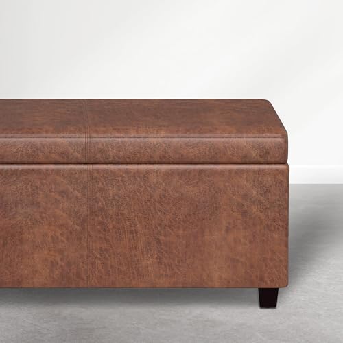 Image of SIMPLIHOME Avalon 54 inch Vegan Leather Ottoman in Distressed Pecan Brown