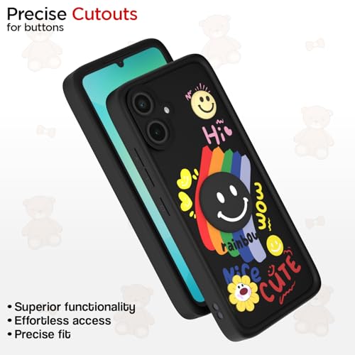 Image of Pikkme Back Cover for Samsung Galaxy M05 / A05 / F05 | Soft Silicone| Cute Rainbow Smile & 3D Cartoon Flower Design | Shockproof Raised Camera Protection Bumper Case (Black)