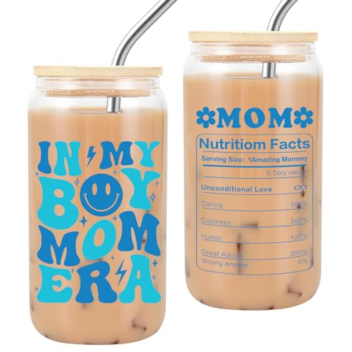 Gifts for Mum, New Mum to Be Gift - in My Boy Mom Era, Mothers Day Gifts, Best Mums Gift from Son, Mums Birthday, Boy Mom for Mummy, Presents for Mother, 16 Oz Coffee Glass