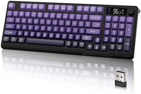 LexonElec M96 Wireless Keyboard, Low Profile Quiet Typing Membrane Gaming Keyboard with Smart Display & Knob, RGB Backlit, USB C Rechargeable, 94 Keys PBT Keycap for Windows PC,Mac,Linux-Grape Purple