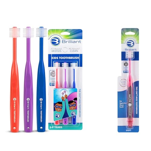Brilliant Oral Care Bundle; 3 Pack of Kids Toothbrush - Red Purple Royal & 1 Pack of Adult Toothbrush - Red with Soft Bristles and Round Head
