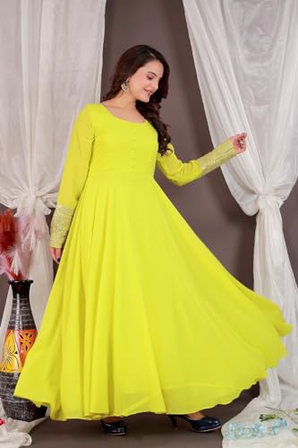 Image of ROYALICA Women's Georgette Gown Set with Solid Pattern Floor Length Round Neck Fit & Flare Full Sleeves Gown Pant and Embroidery Work Dupatta | Anarkali Gown Set for Women
