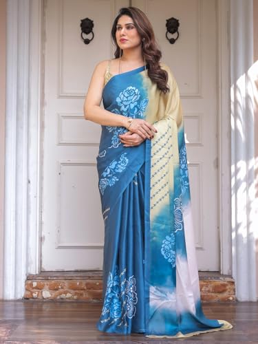 Image of ALMAARI FASHION Women's Floral Printed Georgette Satin Saree with Unstitched Blouse Piece | Traditional Ethnic Wear Sarees | Soft Lightweight Ethnic Office Wear Daily Wear Indian Sari (SG 181-190 F)