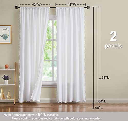 Treatmentex White Velvet Curtains For Bedroom Pompom Window Curtain Panels For Kids Girls Room Décor 95Inches Length Luxury Soft Room Darkening Curtain Drapes For Nursery Room, Rod Pocket, 2Pcs #TOP5