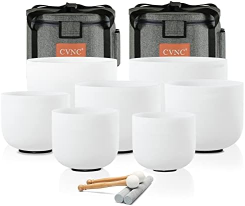 CVNC 432HZ 6-12 Inch Set Of 7 PCS Frosted Chakra Quartz Crystal Singing Bowls For Sound Healing Free 2 PCS Travel Carry Case Bag