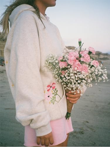 YILEEGOO Y2k Hoodies for Women Teen Girls Embroidery Graphic Flower Oversized Hooded Sweatshirts Vintage Floral Sweater Pullover Tops (Light Grey, M) - Image 6