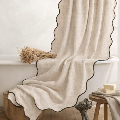 XOGUIBO Linen Shower Curtain Beige Cute Black Scalloped Boho Modern Shower Curtains for Bathroom Set, 72\" W x 72\" L