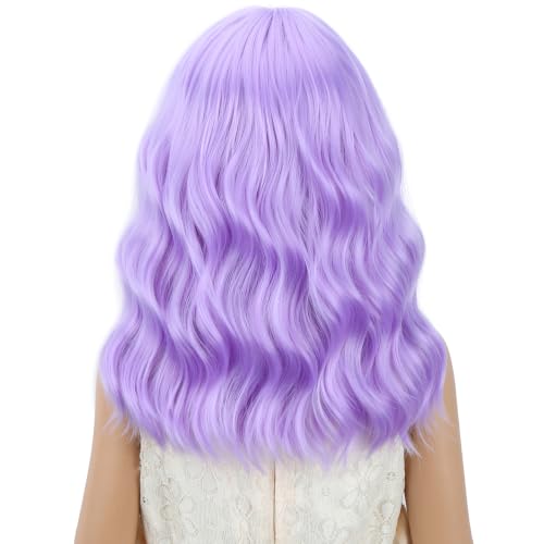Image of Girls Lavender Purple Wig Child Short Light Purple Wavy Curly Wig Kids Wigs with Air Bangs Heat Resistant Synthetic Wigs with Cap