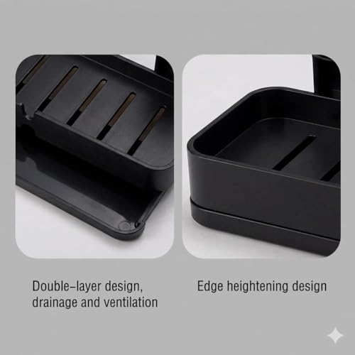 Image of 2 Pcs Twin Soap Dish Wall Mounted, BUYERZONE Double Layer Soap Holder for Bathroom, Self Adhesive Soap Stand with Drain Tray, Plastic Soap Case for Kitchen & Wash Basin Organizer (2, Black)