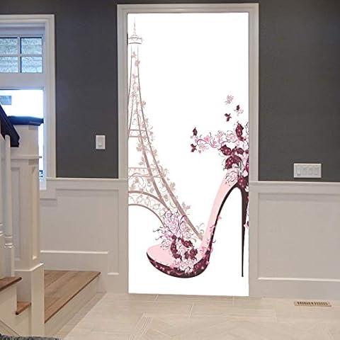 A.Monamour 3D Door Stickers for Interior Doors Pink High-Heeled Shoes The Eiffel Tower Paris Sketch Vinyl Waterproof Self Adhesive Door Mural Decals Cover