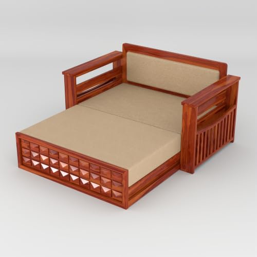 Image of Solid Sheesham Wood Sofa Cums Bed with Mattress & Storage | Rosewood Convertible Sofa Bed for Living Room & Bedroom (D-Honey, 2 Seater)