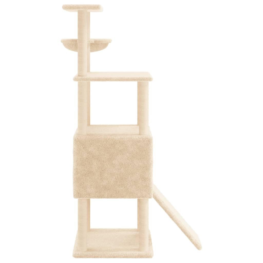 Kratzbaum Katze mit Sisal Säulen Creme 153 cm Kletterbaum Höhle Hängematte Liegemulde Plüsch Stamm Kratzbrett robust stabil platzsparend für Wohnung Balkon