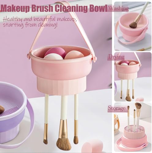 QUKLOGEN 3 In 1 Makeup Brush Cleaning Set Multifunctional Washing Bowl Drying Basket with Handle Silicone Cleaner Mat Removal Cleaner Sponge 150ml/5.12fl.oz Professional Makeup Brush Cleaner (Pink) - Image 2