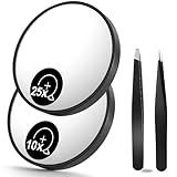 OMIRO 10X & 25X Magnifying Mirrors and Two Eyebrow Tweezers Kits, 3.5' Two Suction Cups Magnifier Travel Set