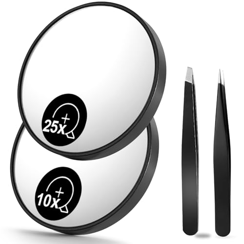 OMIRO 10X & 25X Magnifying Mirrors and Two Eyebrow Tweezers Kits, 3.5" Two Suction Cups Magnifier Travel Set