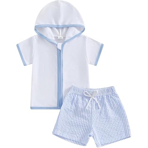 Toddler Swim Cover Up Baby Boy Girl Towel Terry Zipper Hooded Tops Seersucker Shorts Set Beach Bathing Suit Coverup