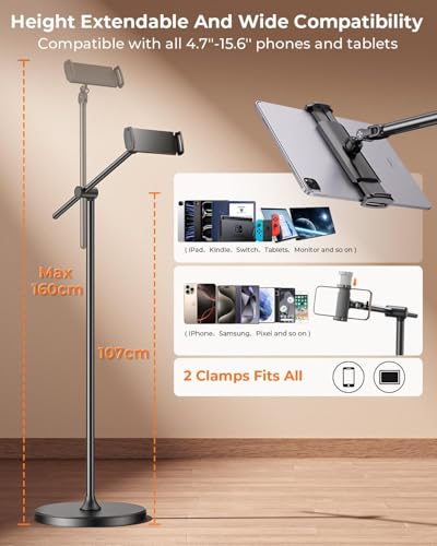 Image of DIMONCOAT [Height-Adjustable & 360 Rotation Tablet Floor Stand Stable Base | Aluminum Alloy iPad Stand Floor Holder for iPad Mini Air Pro 12.9 /9.7, Monitor, Kindle, iPhone 16, Cell Phones (4.7 inch-15.6 inch)