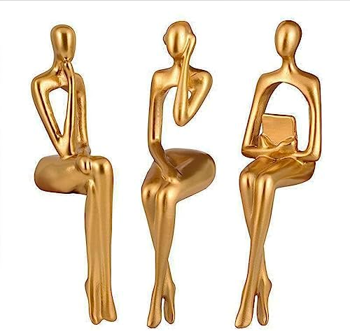 XYQXYQ Seated Figure, Abstract Sculpture of a Thinking Person Sitting on a Bookshelf, Gold Figure Decoration, Featured Resin Collection Sculpture for Home offic (Gold-ABC)