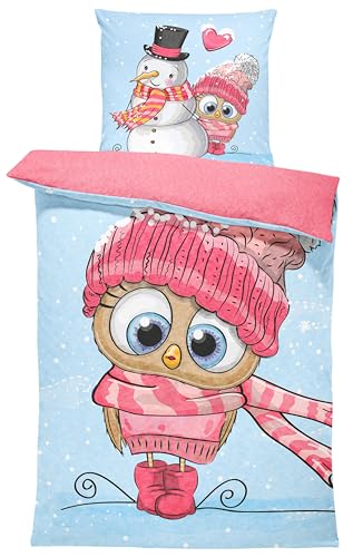 one-home Winter Bettwäsche Thermo Fleece Kuschelig Warme Bettbezüge Flauschig Warm Weich, Größe:2 teilig 135x200 cm, Farbe:Eule Schneemann Rosa...
