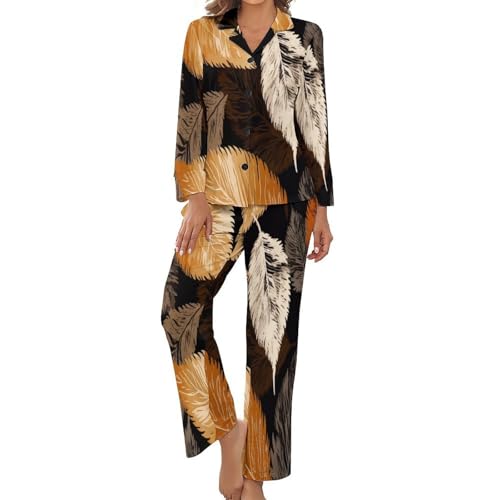 Ensemble femme chic pyjama imprimé feuilles de plumes vêtement de nuit grande taille