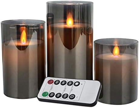 YMing Flameless Candles LED Flickering Fake Candle for Room Decor Home Decorative Battery Operated Remote Control Grey Glass 3 Pack