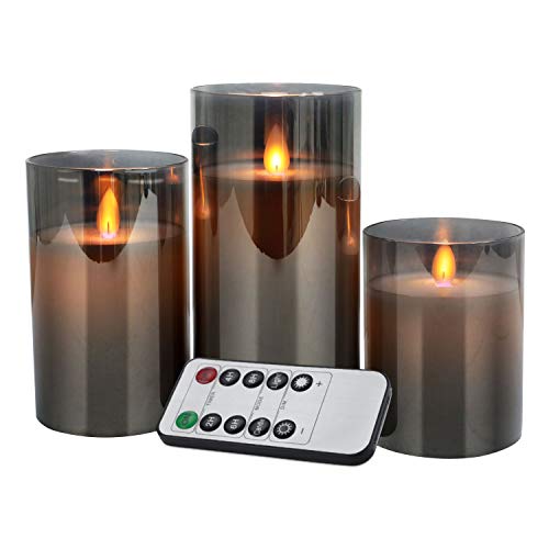 Yming Flameless Candles Led Flickering Fake Candle For Room Decor Home Decorative Battery Operated Remote Control Grey Glass 3 Pack #TOP2