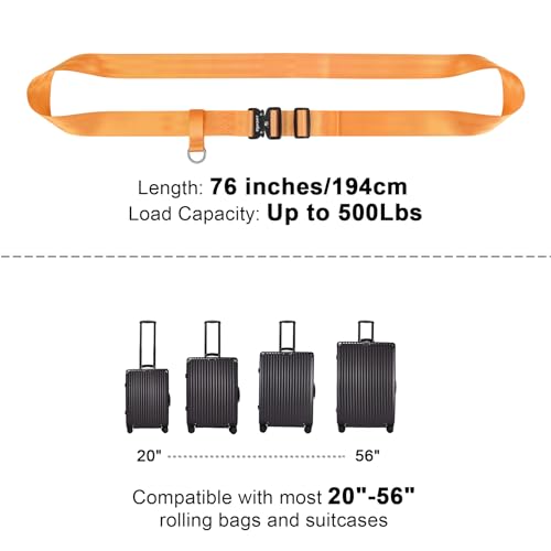 Image of Vigorport Travel Belt, Luggage Strap to Convert Carry-on Luggage into Airport Stroller Carrier, Metal Buckle (Orange, 76 Inch／Metal Buckle)