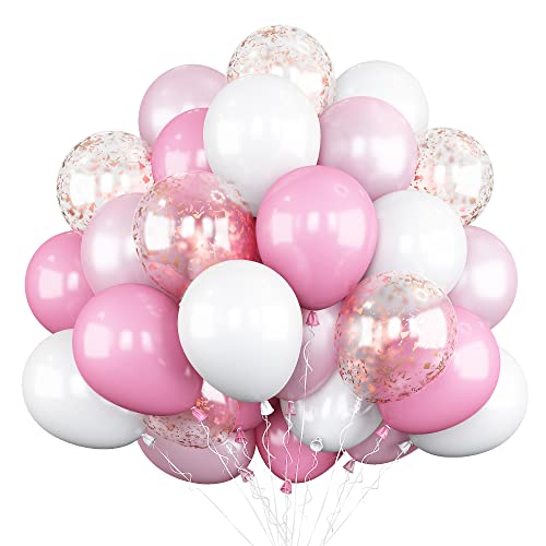 Image of Pink White Balloons, 60PCS Pink White Birthday Balloons, 12 Inch Metallic Pink Latex Balloons Rose Gold Confetti Balloons for Helium Party Balloons for Girls Birthday Wedding Baby Shower Decoration